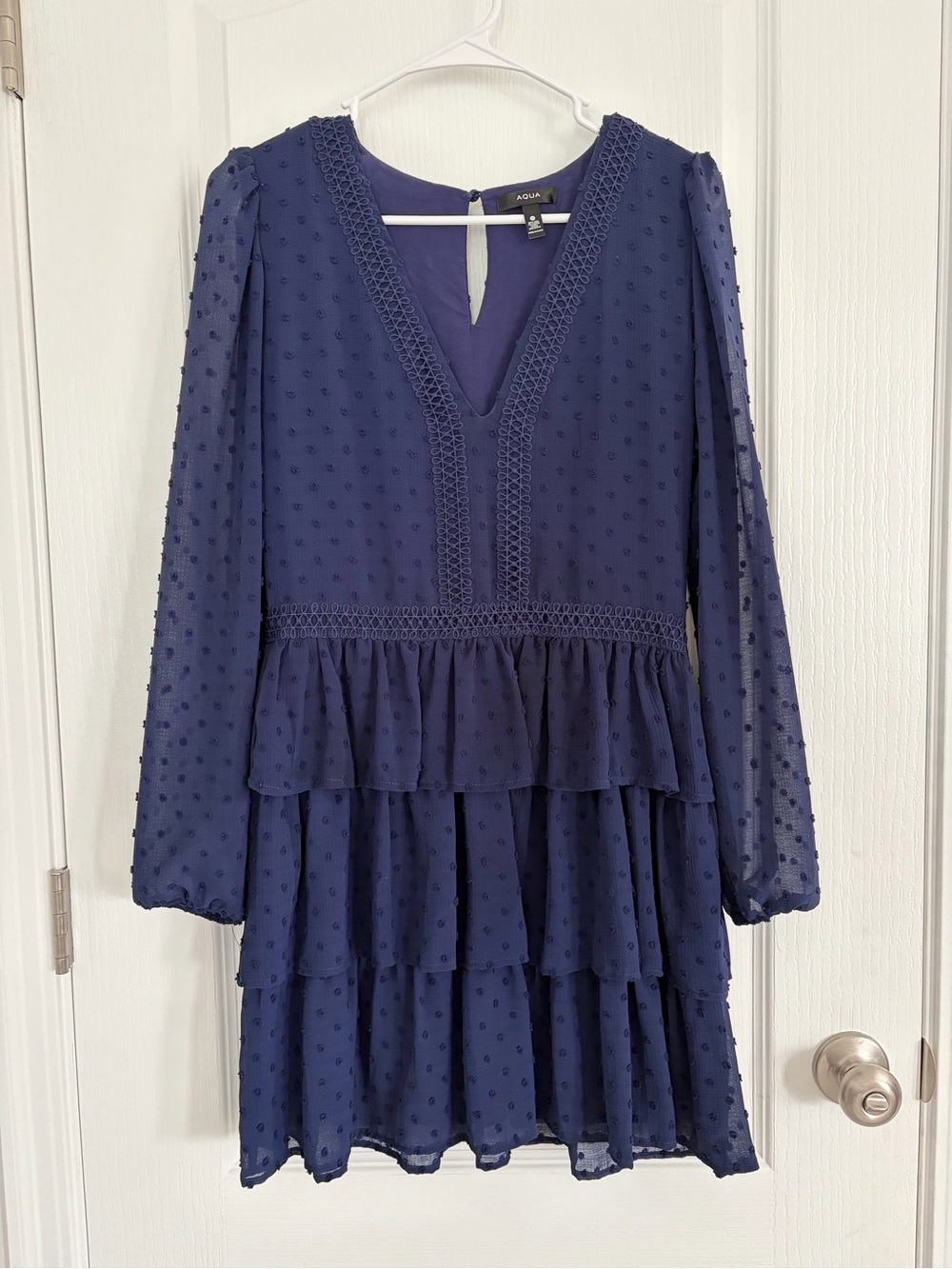 Navy Swiss Dot Tiered Long Sleeve Mini Dress